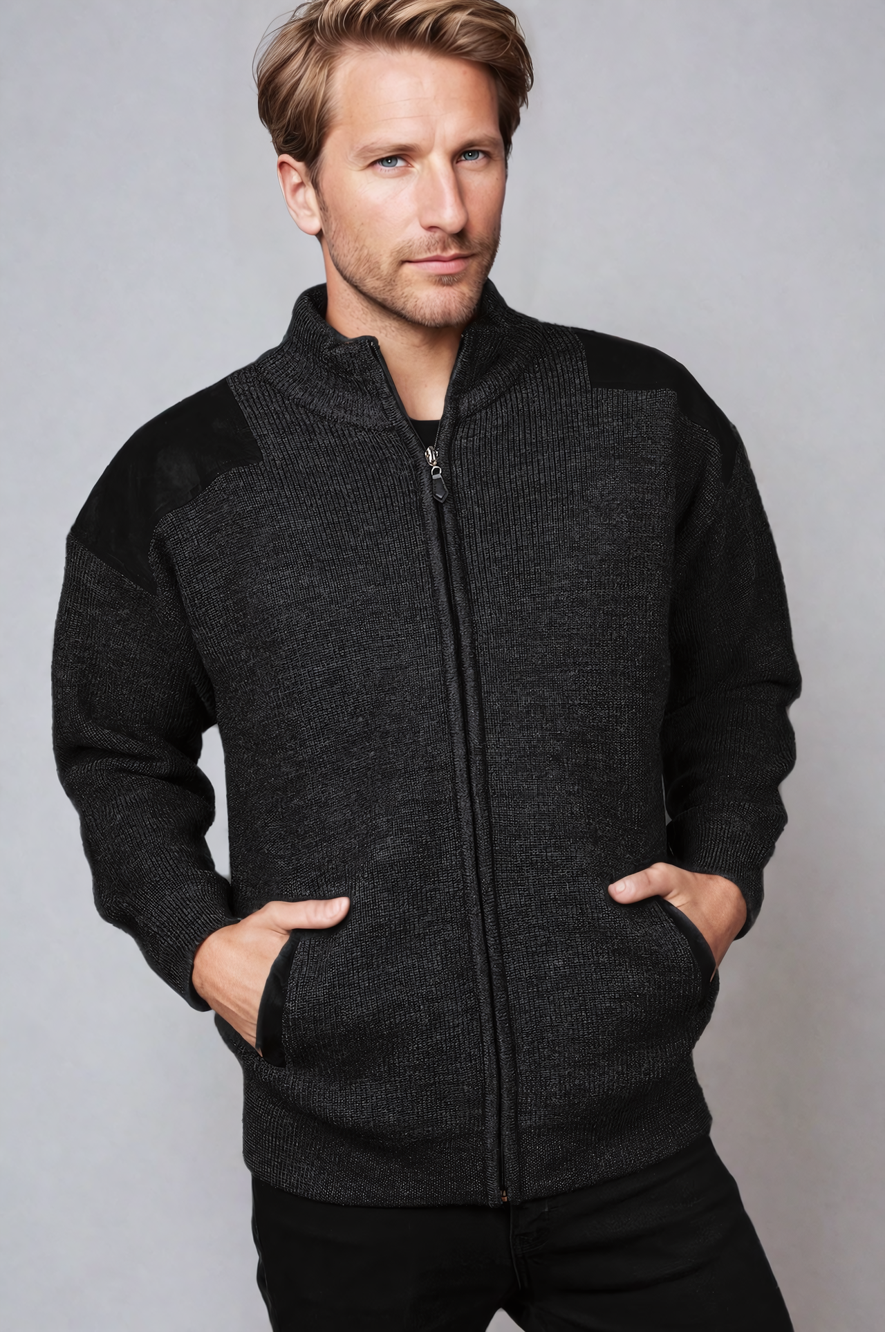 Ansett Wool Charcoal Zip Jacket With Black Elbow And Shoulder Patches