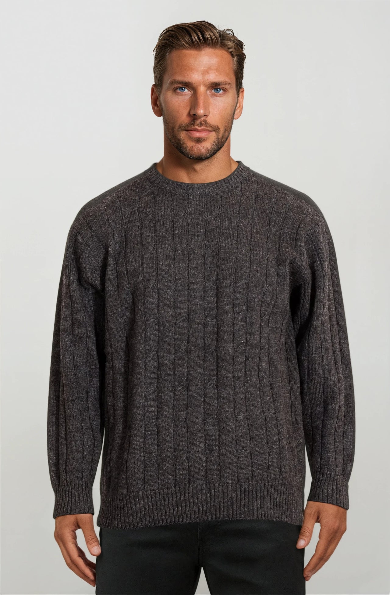 Charcoal Cable Crew Neck Jumper Ansett Plain Knitwear
