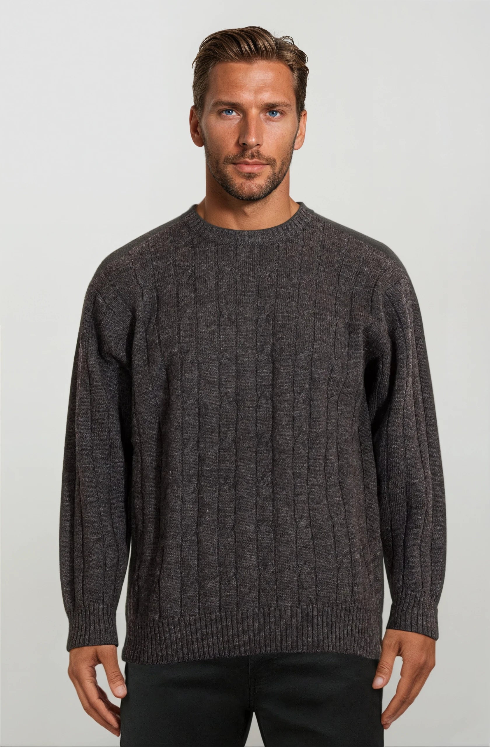 Charcoal Cable Crew Neck Jumper Ansett Plain Knitwear