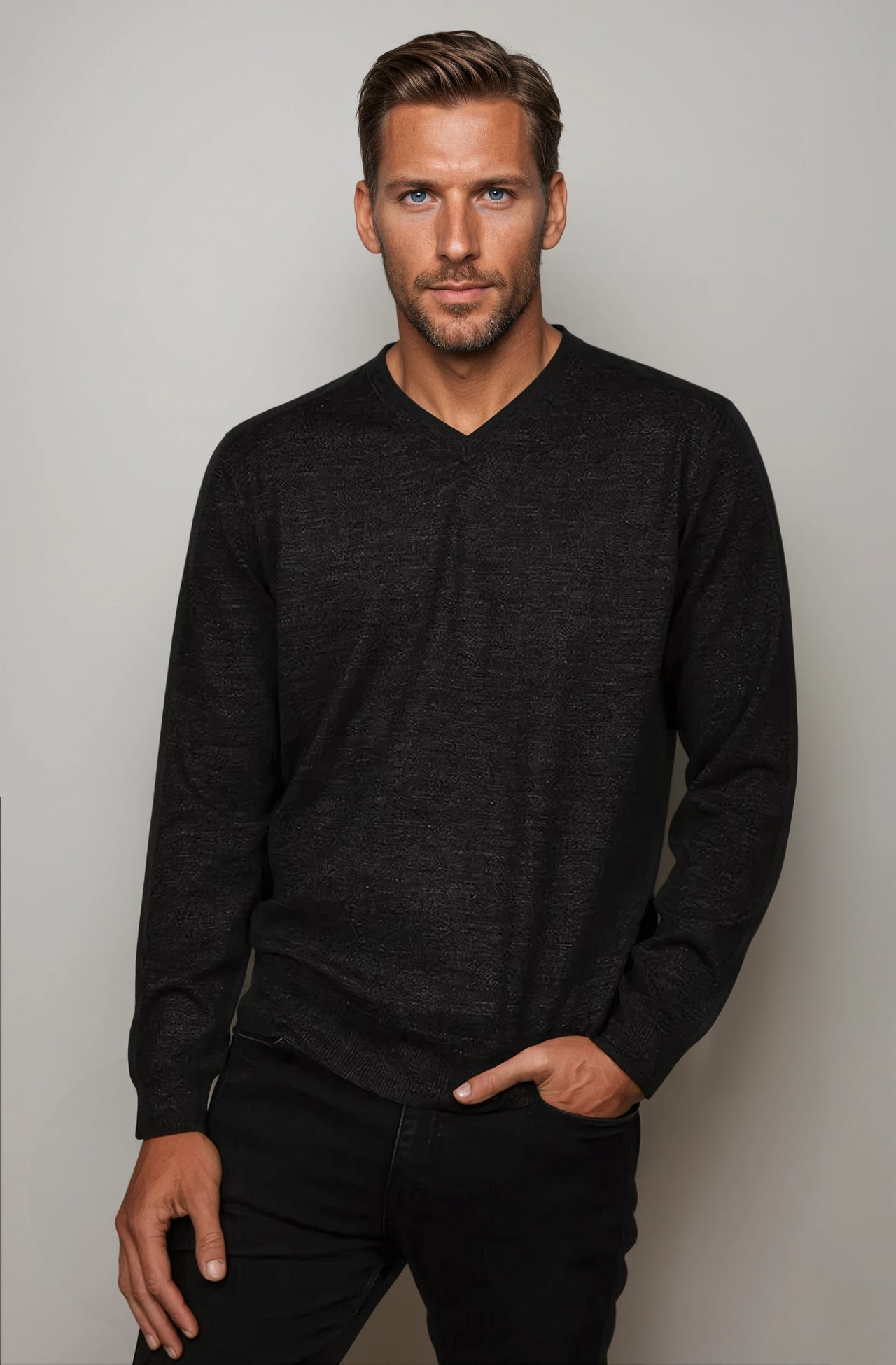 Ansett Charcoal Grey Fine Weight Merino Wool V Neck Jumper