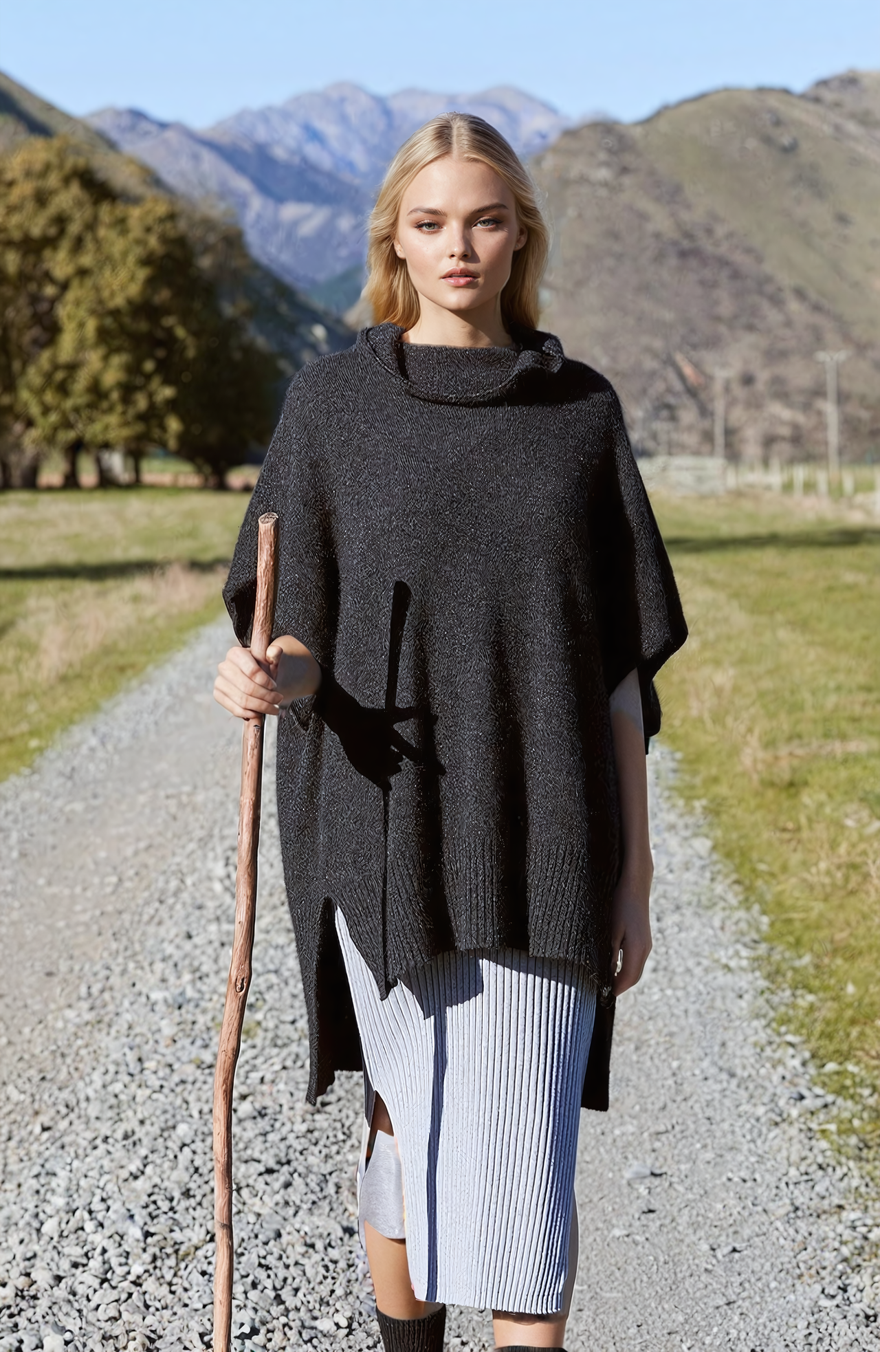 Charcoal McDonald Possum Merino Step Hem Poncho