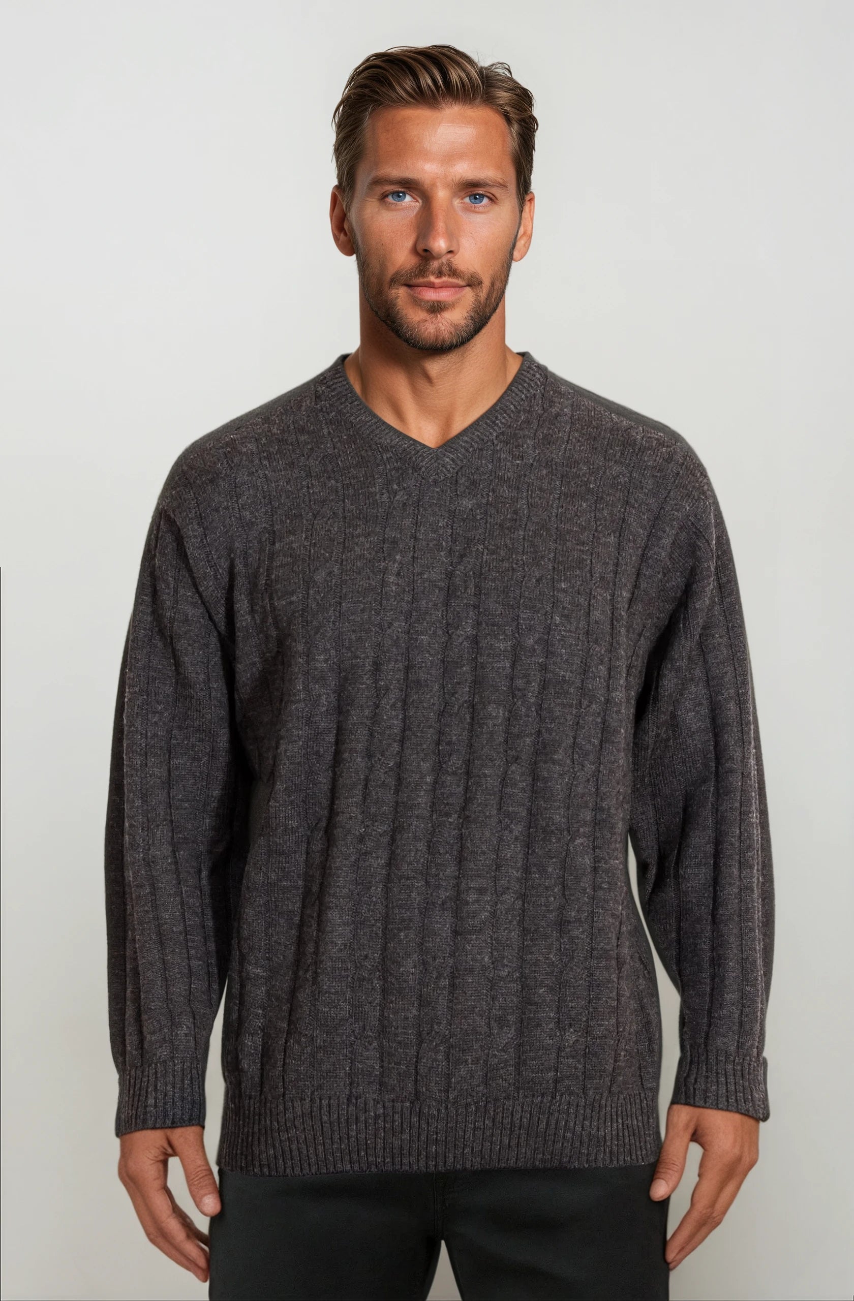 Charcoal Cable V Neck Jumper Ansett Plain Knitwear