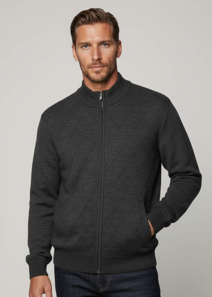 Charcoal Grey Patterned Pure Wool Ansett Full Zip Jacket