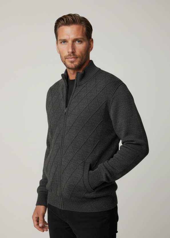Charcoal Grey Patterned Pure Wool Ansett Full Zip Jacket