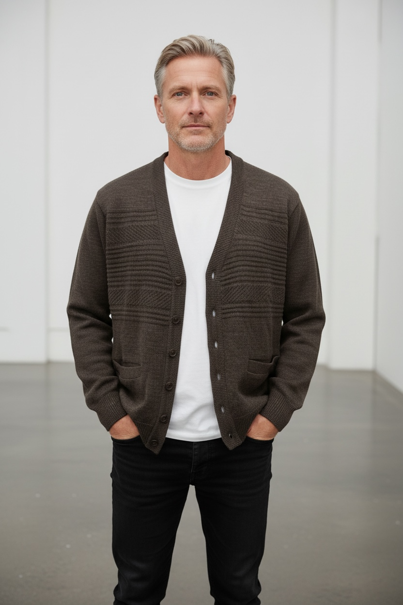 Men's Pure Wool V Neck Textured Cardigan - Coffee Brown