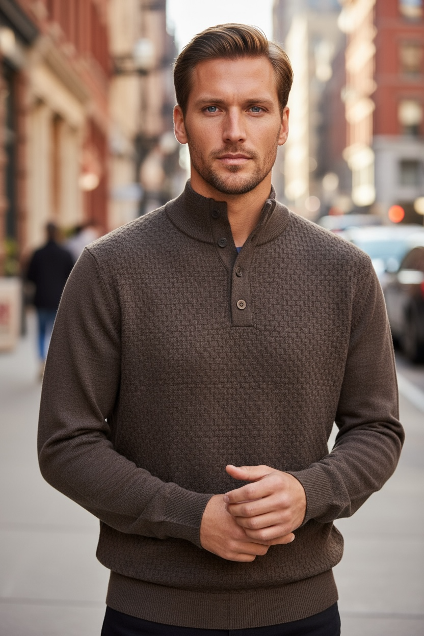 Ansett Coffee Brown Button Mock Neck Fine Merino Wool Jumper