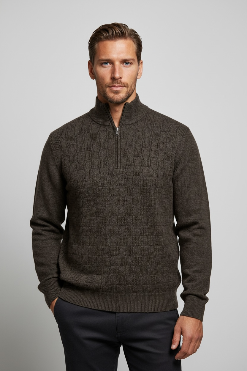 Ansett Coffee Green Half Zip Cable Wool Jumper