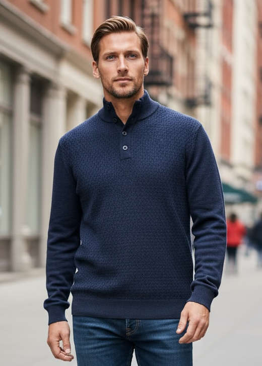 Ansett Denim Blue Button Mock Neck Fine Merino Wool Jumper