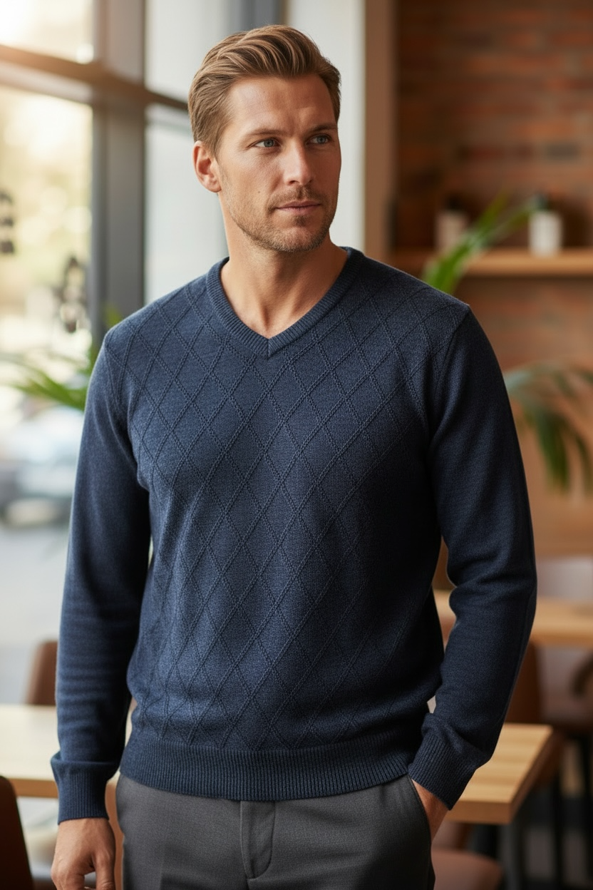 Merino Wool Ansett Argyle V Neck Jumper - 8823 Denim Blue