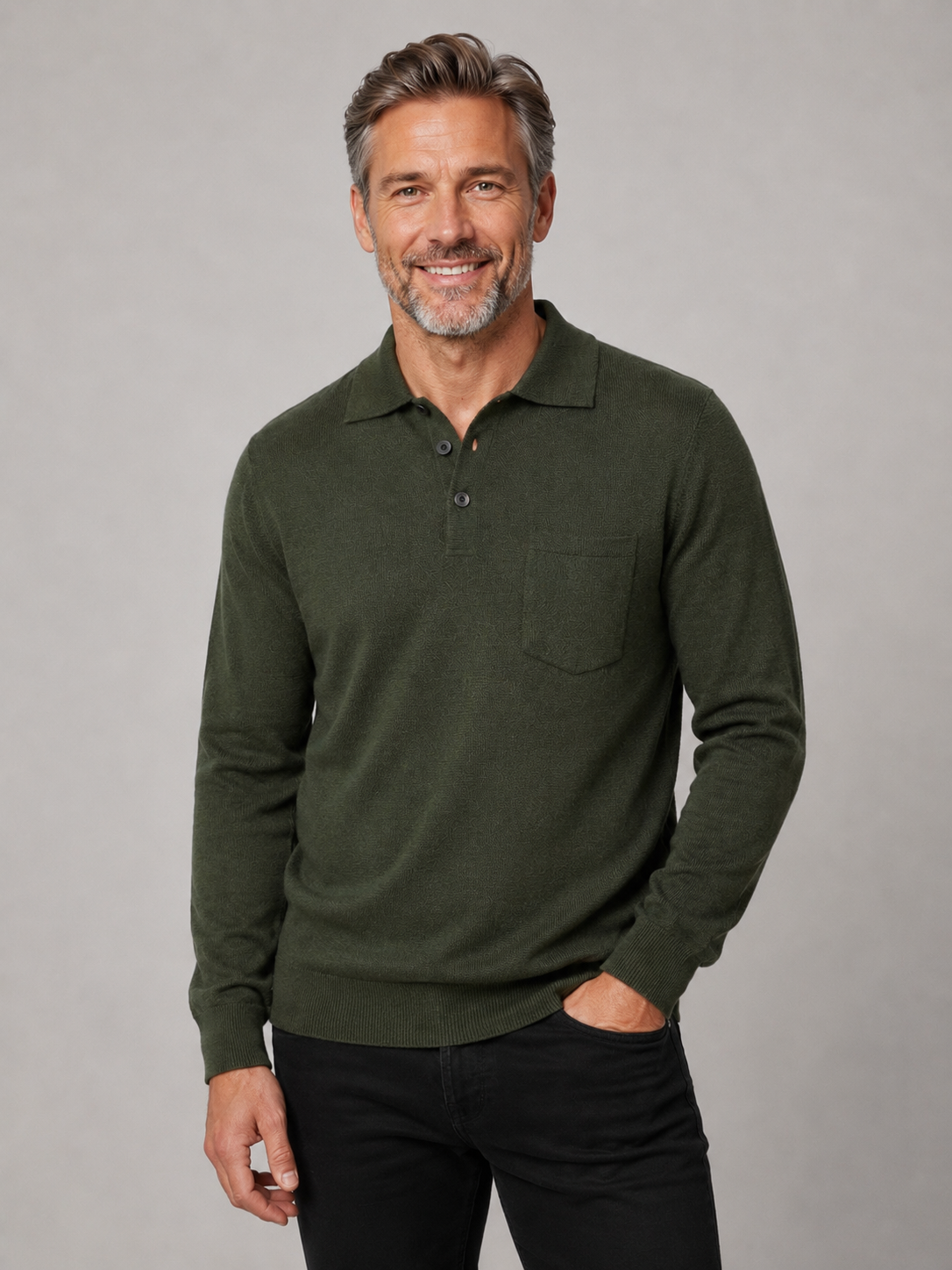 Ansett Olive Green 3 Button Polo Fine Merino Wool Jumper