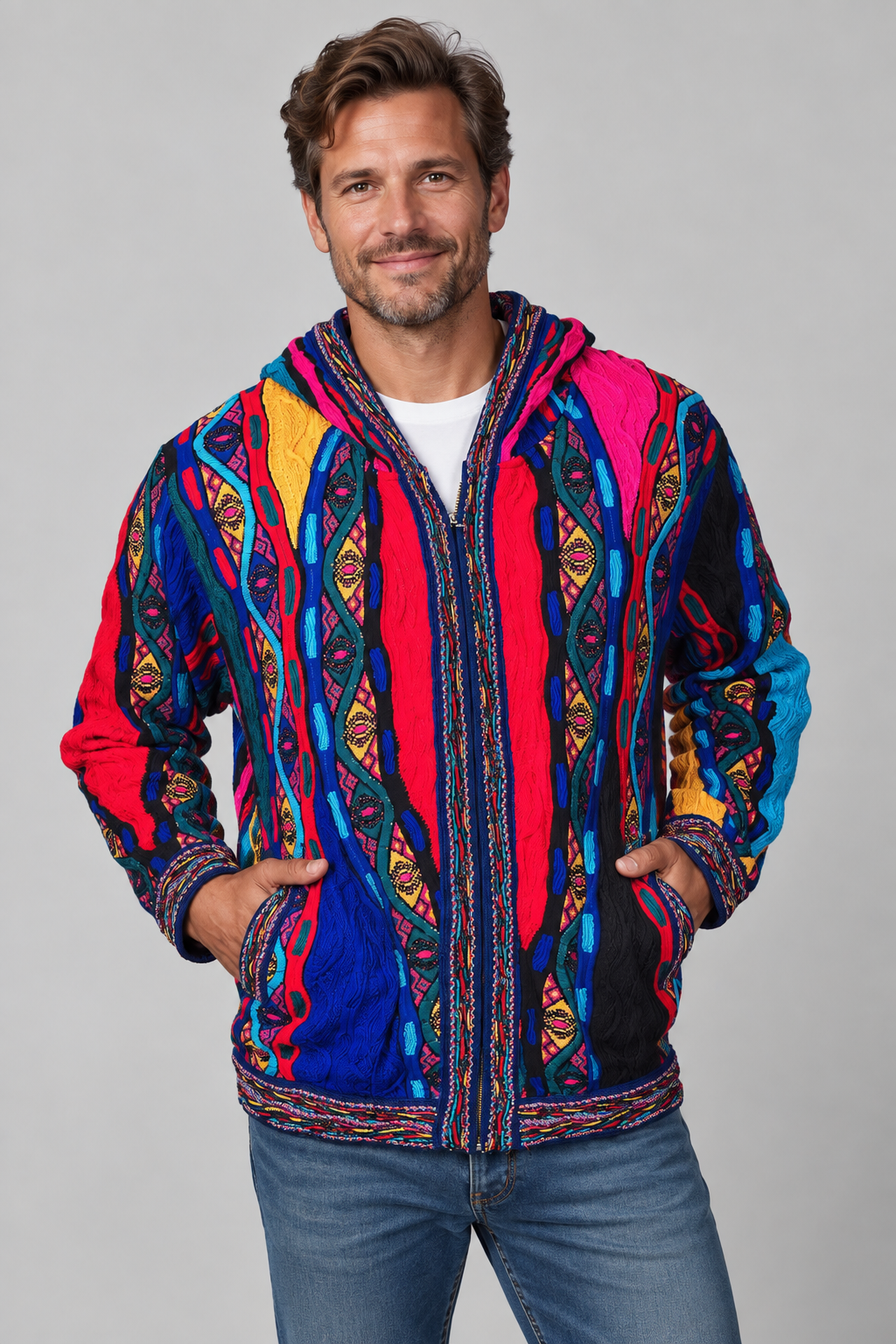 A man wearing a vibrant, multicolored hooded jacket with intricate geometric and tribal patterns in red, blue, yellow, and black, paired with blue jeans against a solid gray studio background.