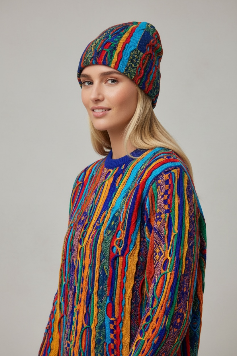 Woman wearing a colorful patterned outfit with a matching beanie against a plain background