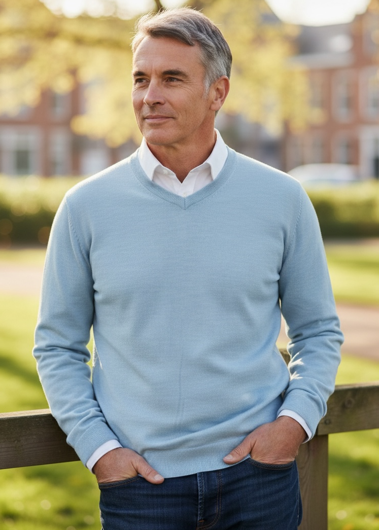 Ansett Horizon Blue Fine Weight Merino Wool V Neck Jumper