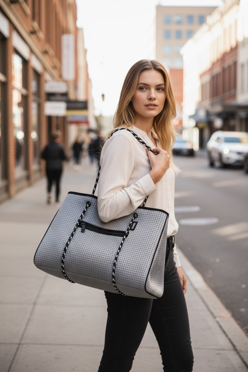 Wide Grey Punch Neoprene Tote Bag With Zip