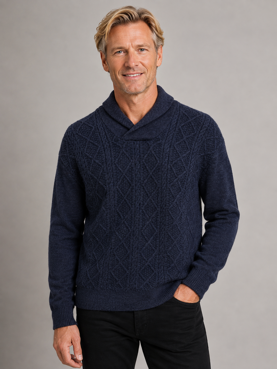 Ansett Men's Wool Patterned Shawl Neck Jumper - Indigo Blue
