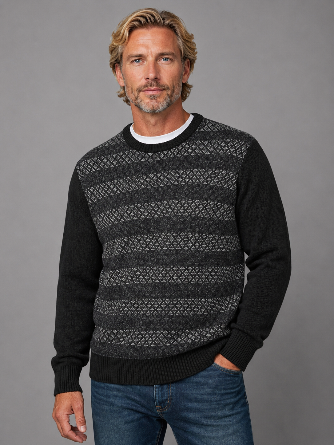 Pure Wool Ansett Patterned Crew Neck Jumper 8002 Black