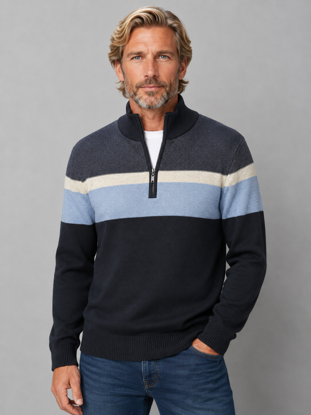 Pure Wool Half Zip Sweater - 8095 Navy
