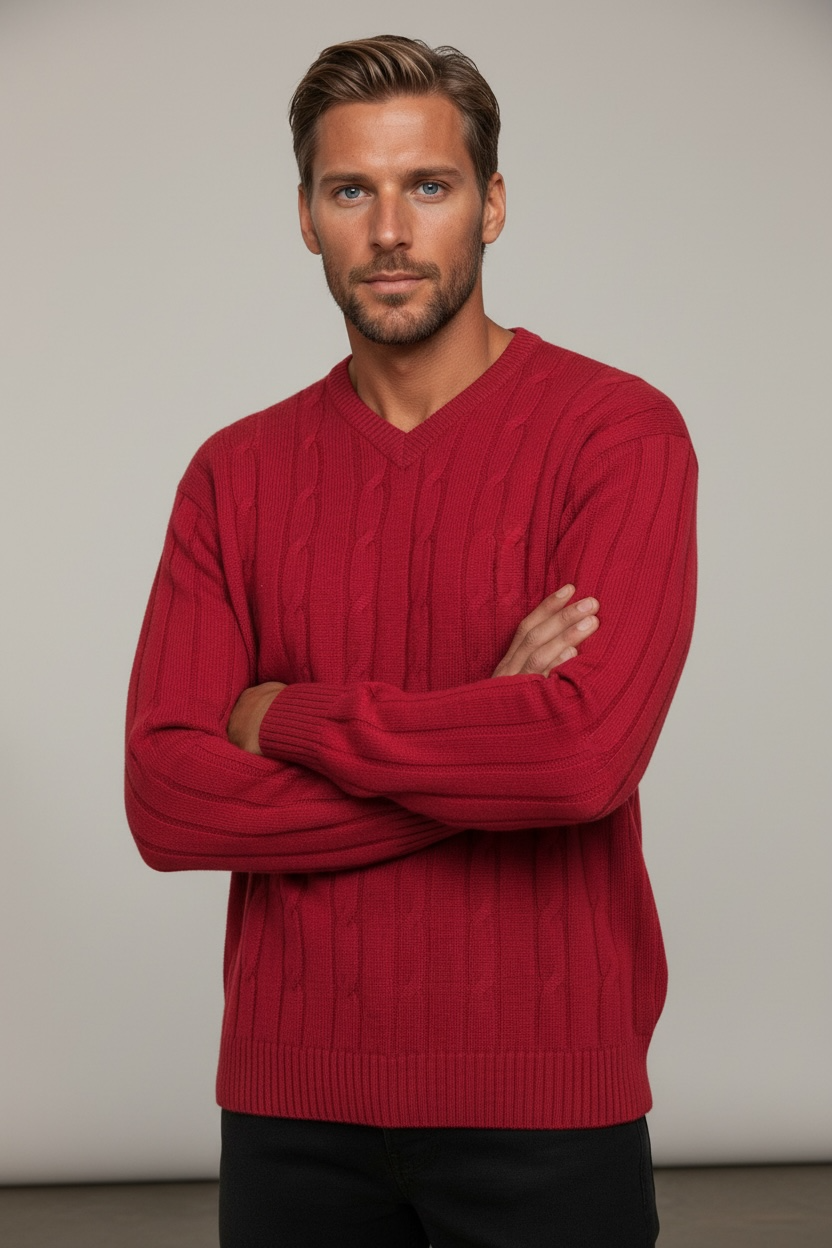 Ansett Wine Red Cable V Neck Wool Jumper