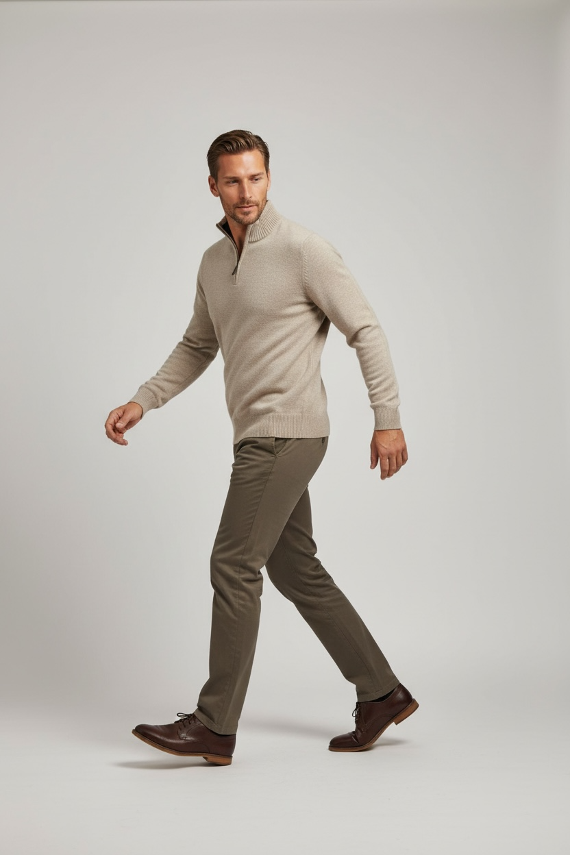 Ansett Beige Half Zip Cashmere Merino Wool Jumper