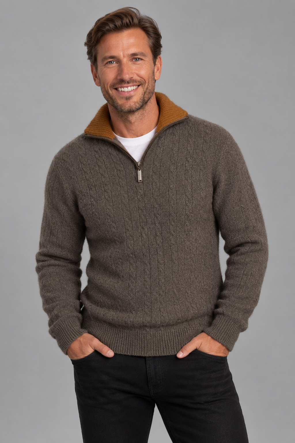 Men’s Possum Merino Wool Cable Knit Sweater Half-Zip Winter Jumper – Bark