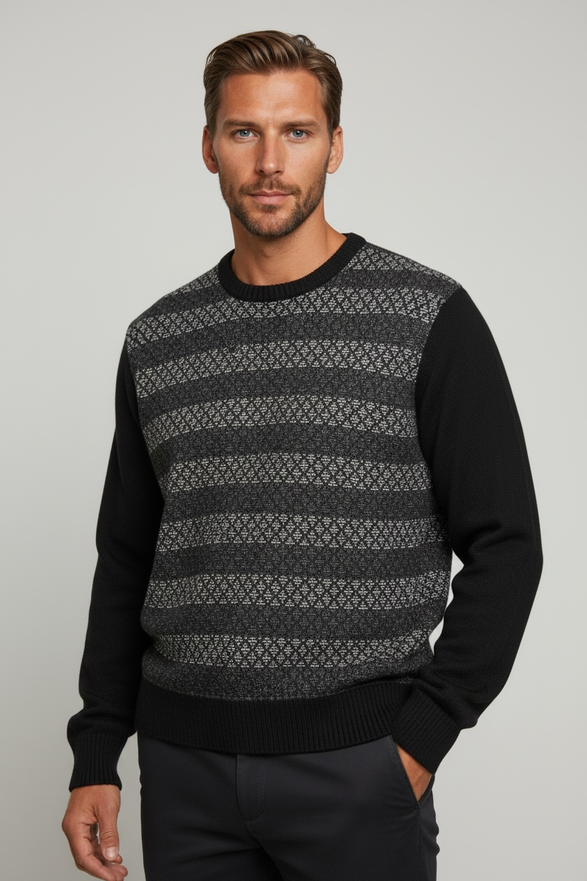 Pure Wool Ansett Patterned Crew Neck Jumper 8002 Black