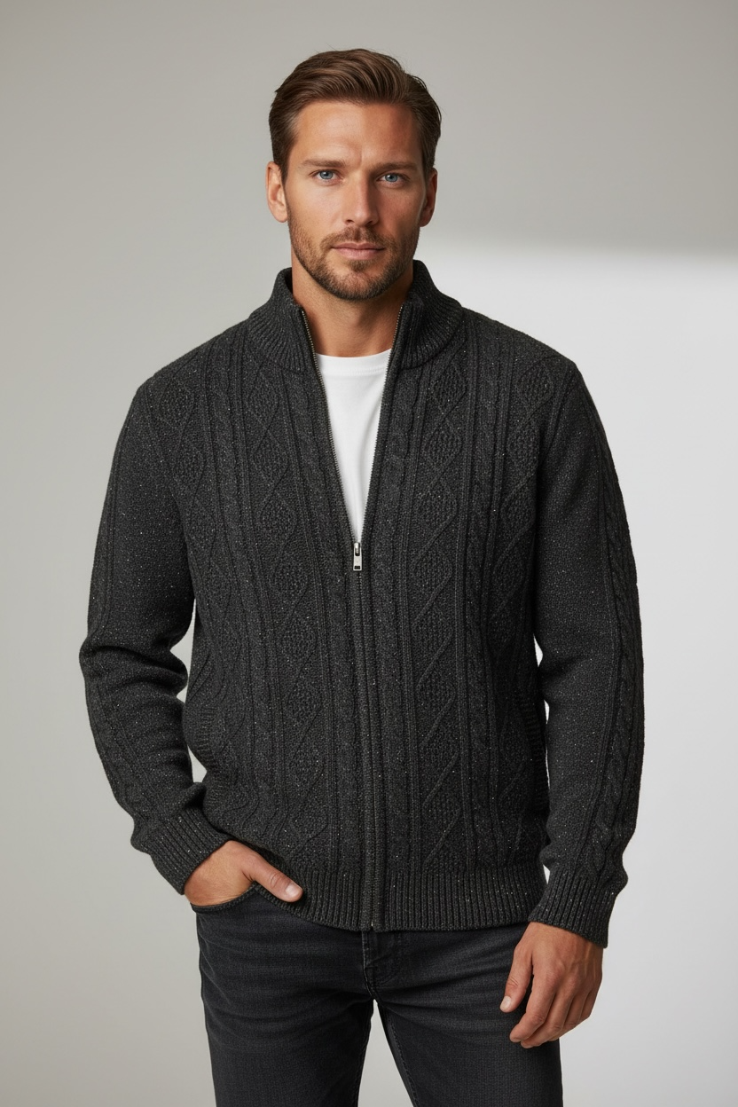 Coal Black Patterned Pure Wool Ansett Full Zip Jacket