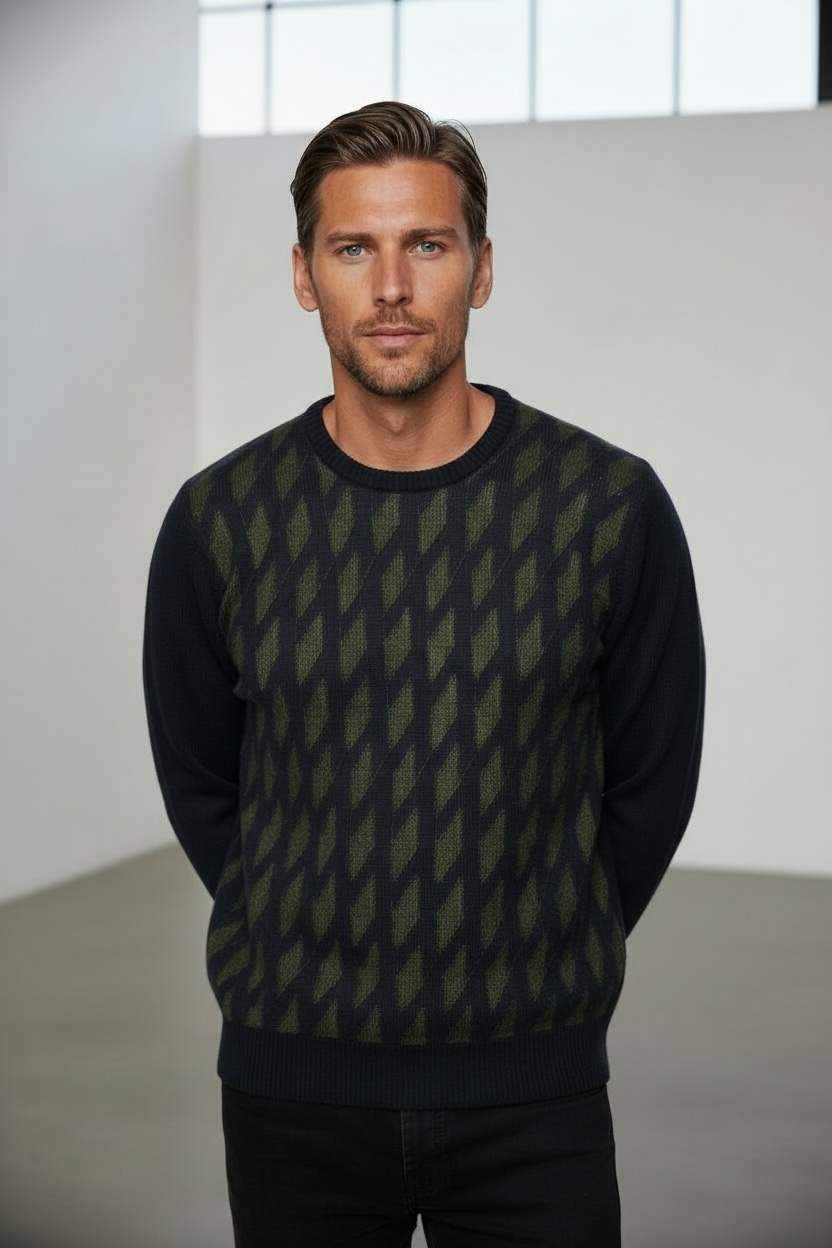 Pure Wool Ansett Patterned Crew Neck Jumper 8112 Navy Blue