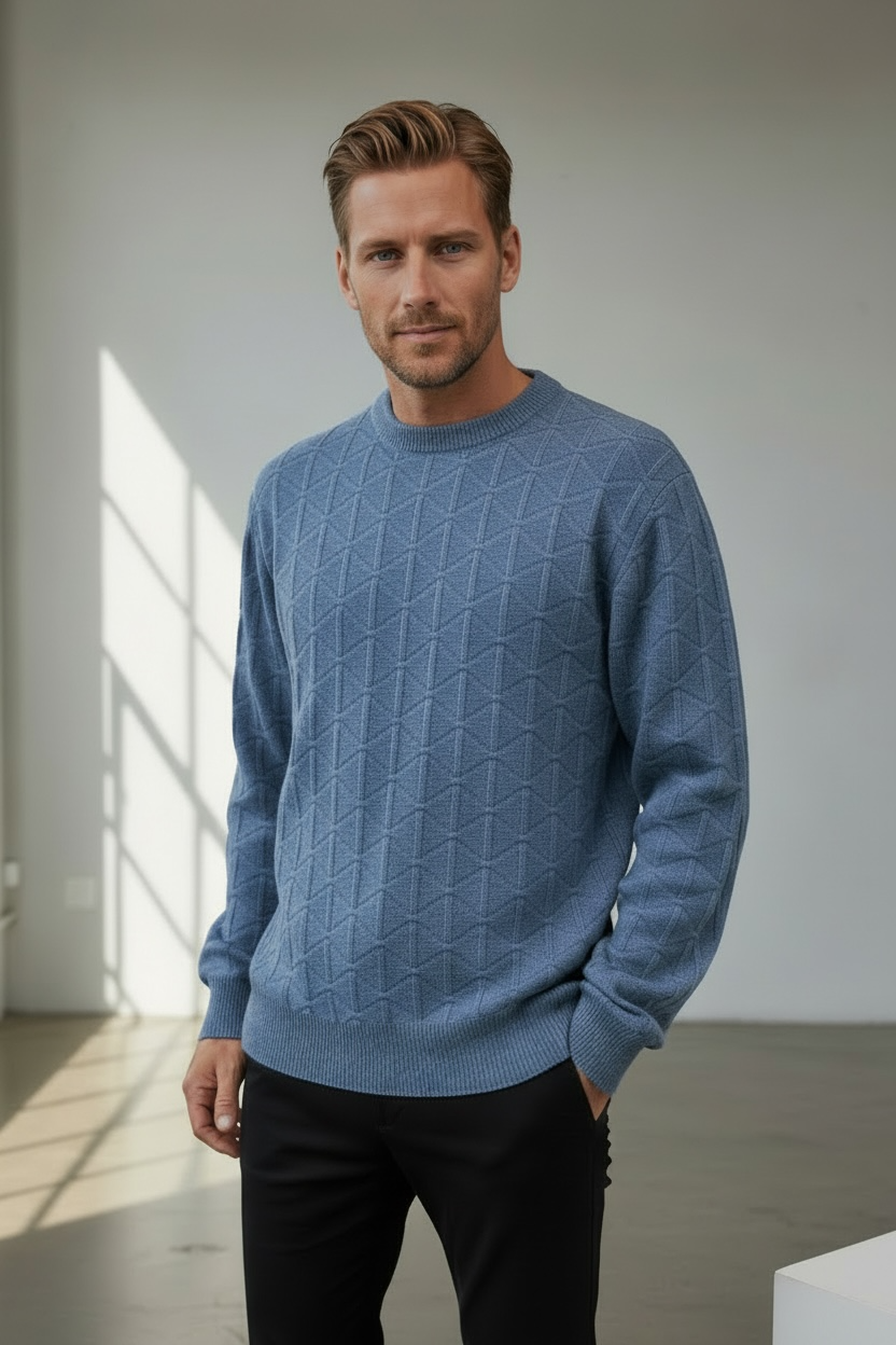 Light Blue Cashmere Merino Wool Textured Crew Jumper
