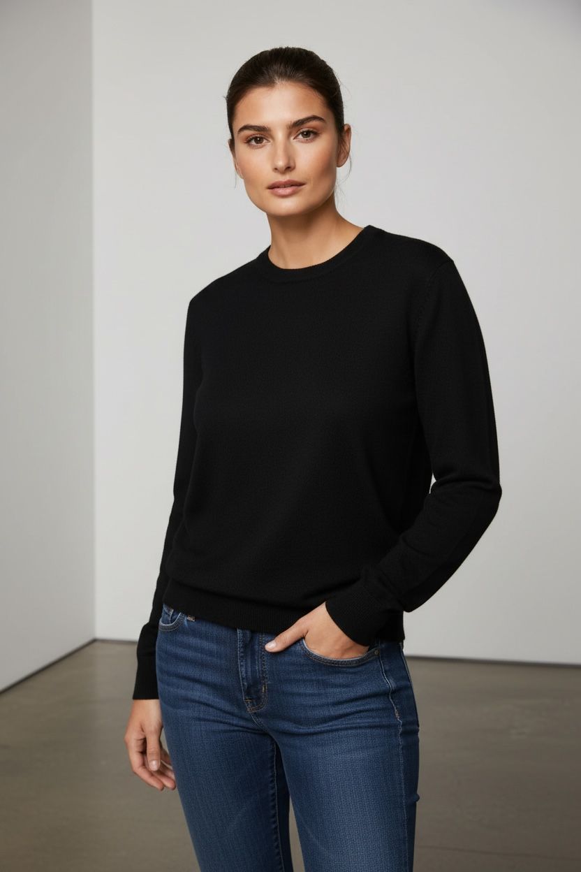 Women's Fine Weight Merino Wool Crew Neck Jumper - Black
