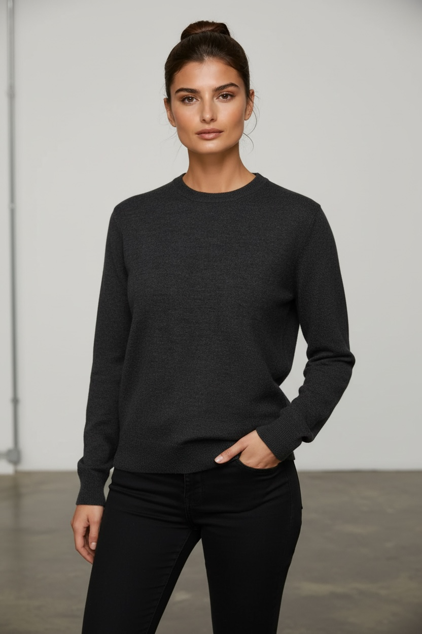 Women's Fine Weight Merino Wool Crew Neck Jumper - Charcoal Grey