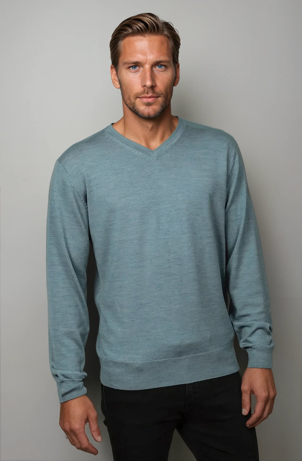 Ice Blue Fine Weight Merino Wool V Neck Jumper