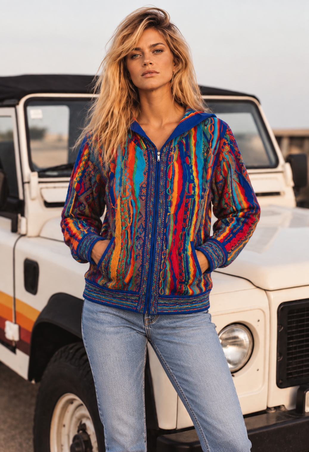 A woman wearing a colorful zip-up hoodie with vertical multicolor stripes in blue, red, orange, and yellow, paired with light-wash jeans, standing in front of a white vintage vehicle.