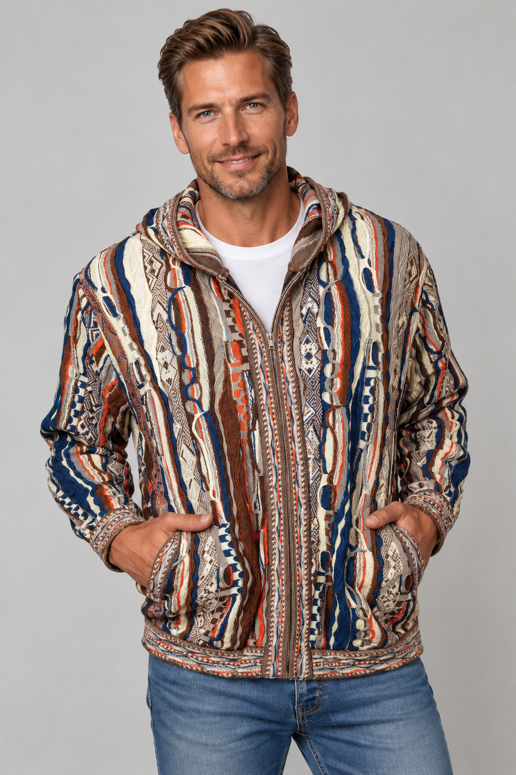 A man wearing a hooded zip-up jacket with a complex vertical tribal pattern in beige, brown, blue, and orange, styled over a white t-shirt and blue jeans against a solid gray background.
