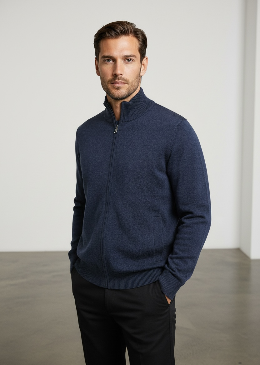 Ansett Full Zip Cashmere Merino Wool Jacket - Indigo Blue