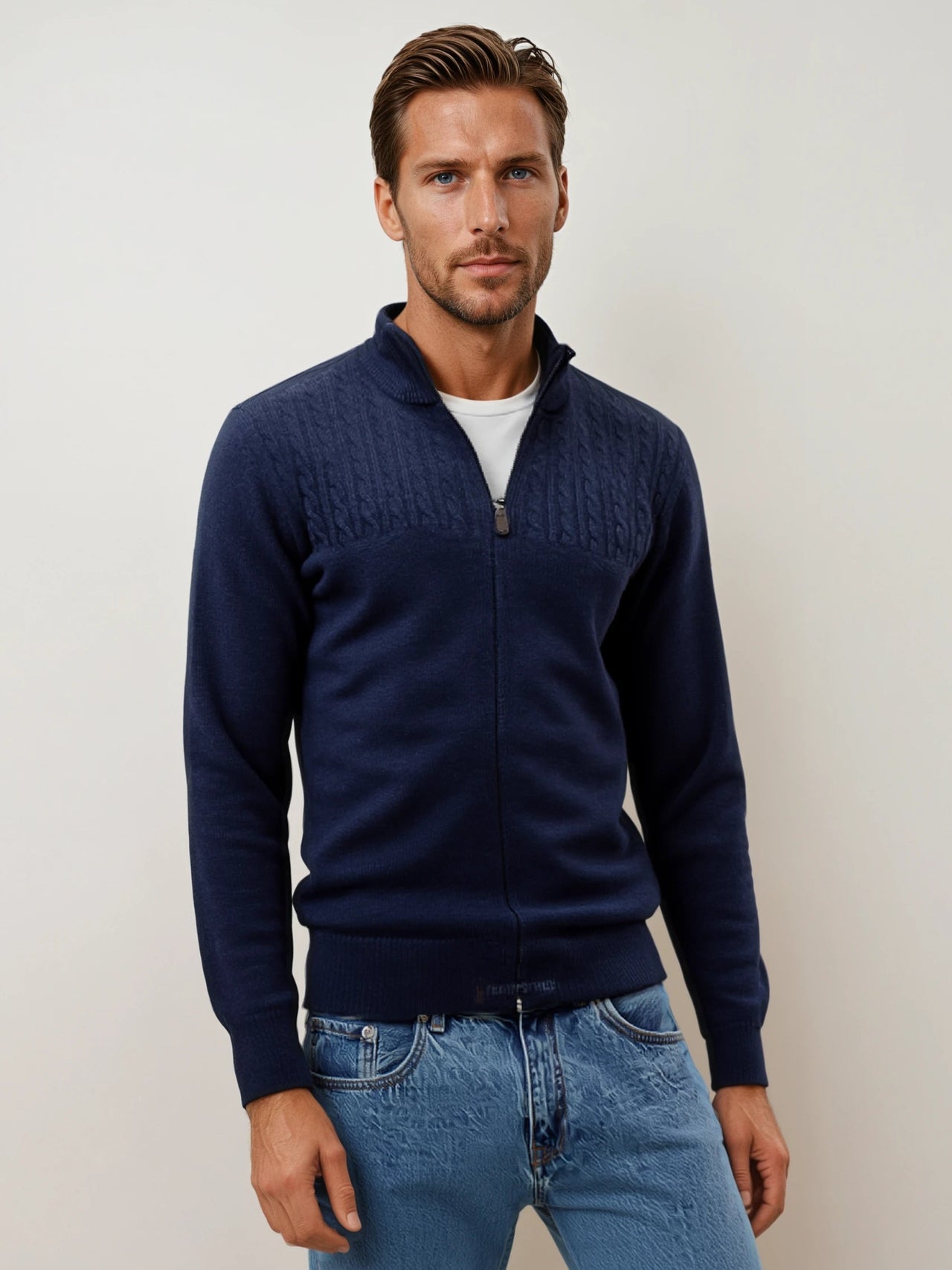 Ansett Denim Blue Full Zip Cashmere Merino Wool Jacket