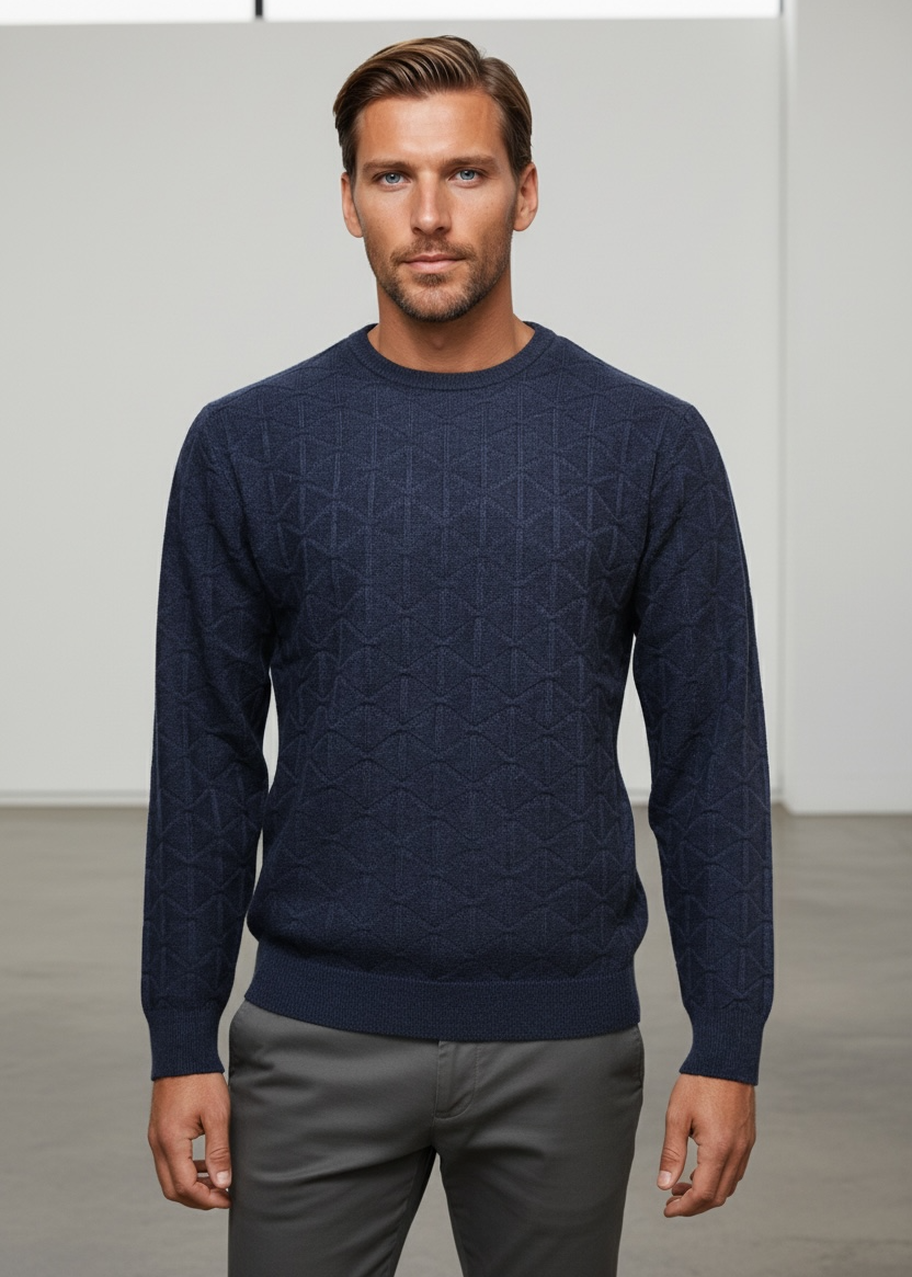 Indigo Blue Cashmere Merino Wool Textured Crew Jumper