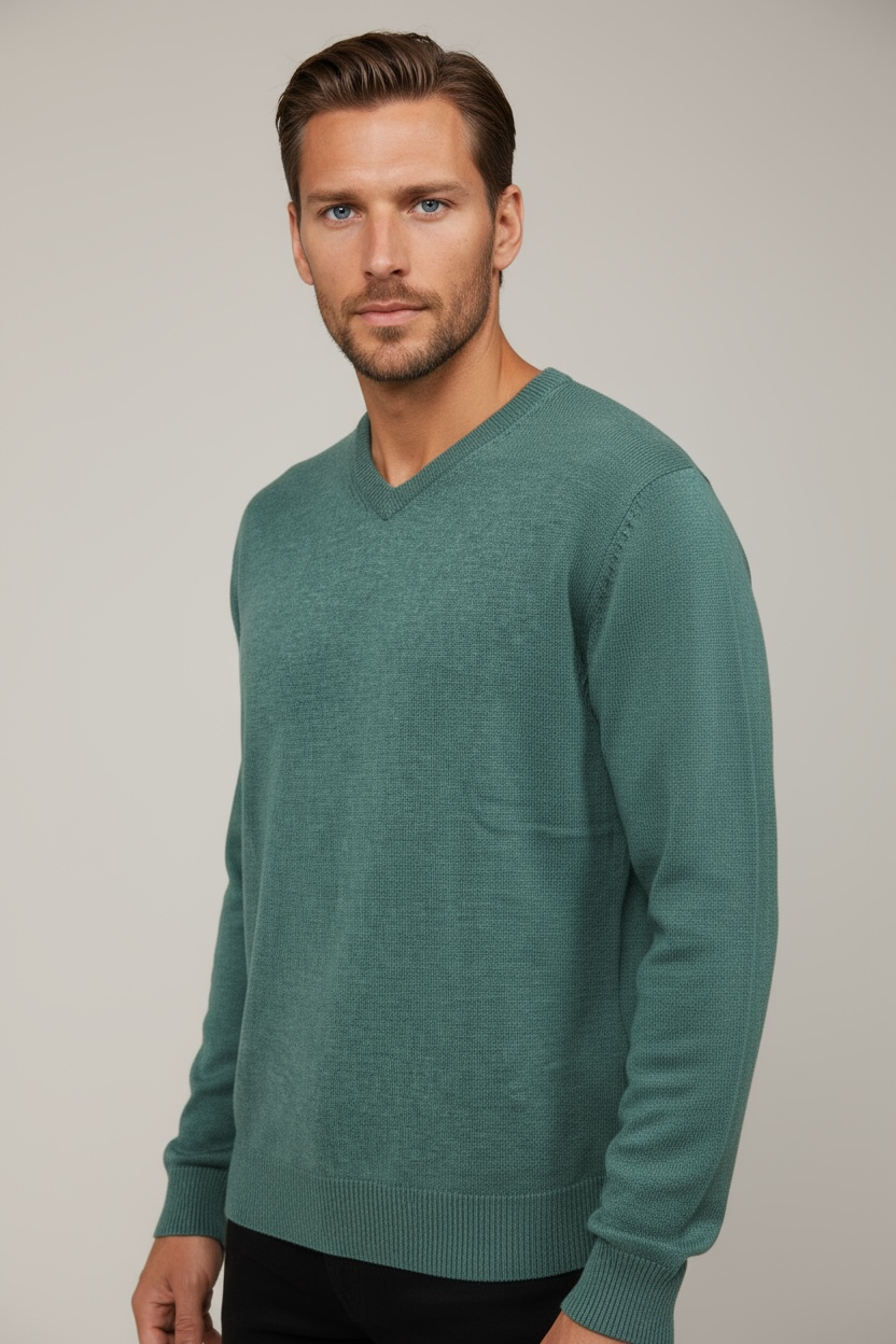 Ansett Jade Green Cashmere Merino Wool V Neck Jumper