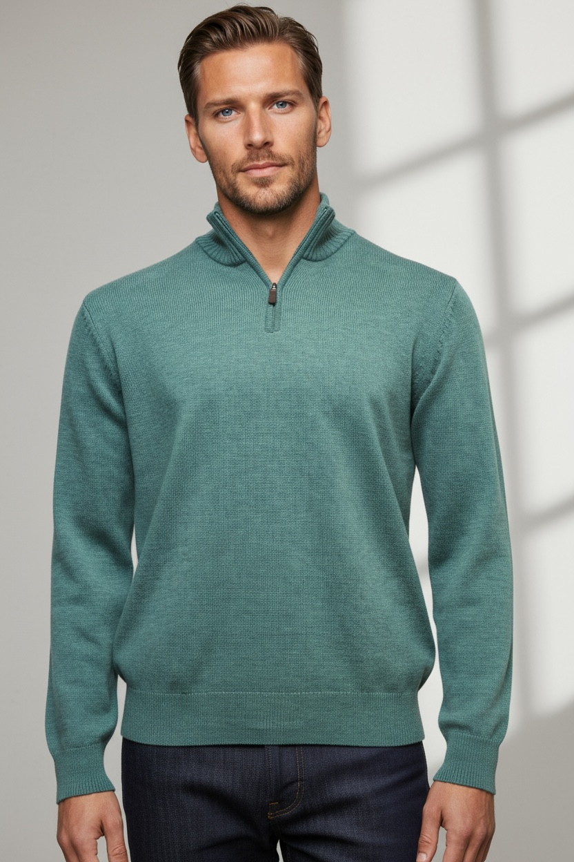 Ansett Jade Green Half Zip Cashmere Merino Wool Jumper