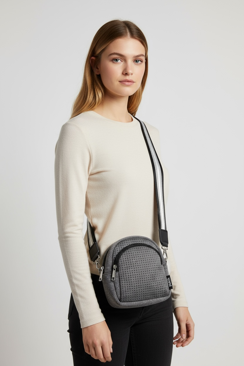 Grey and Black Punch Neoprene Moon Shoulder Bag