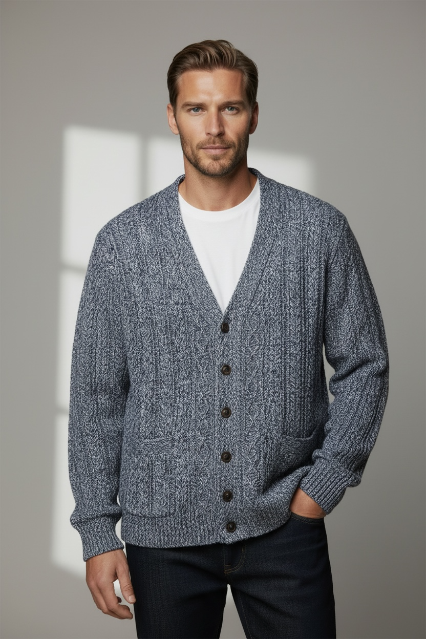 Ansett Blue Marle V Neck 100% Merino Wool Cardigan