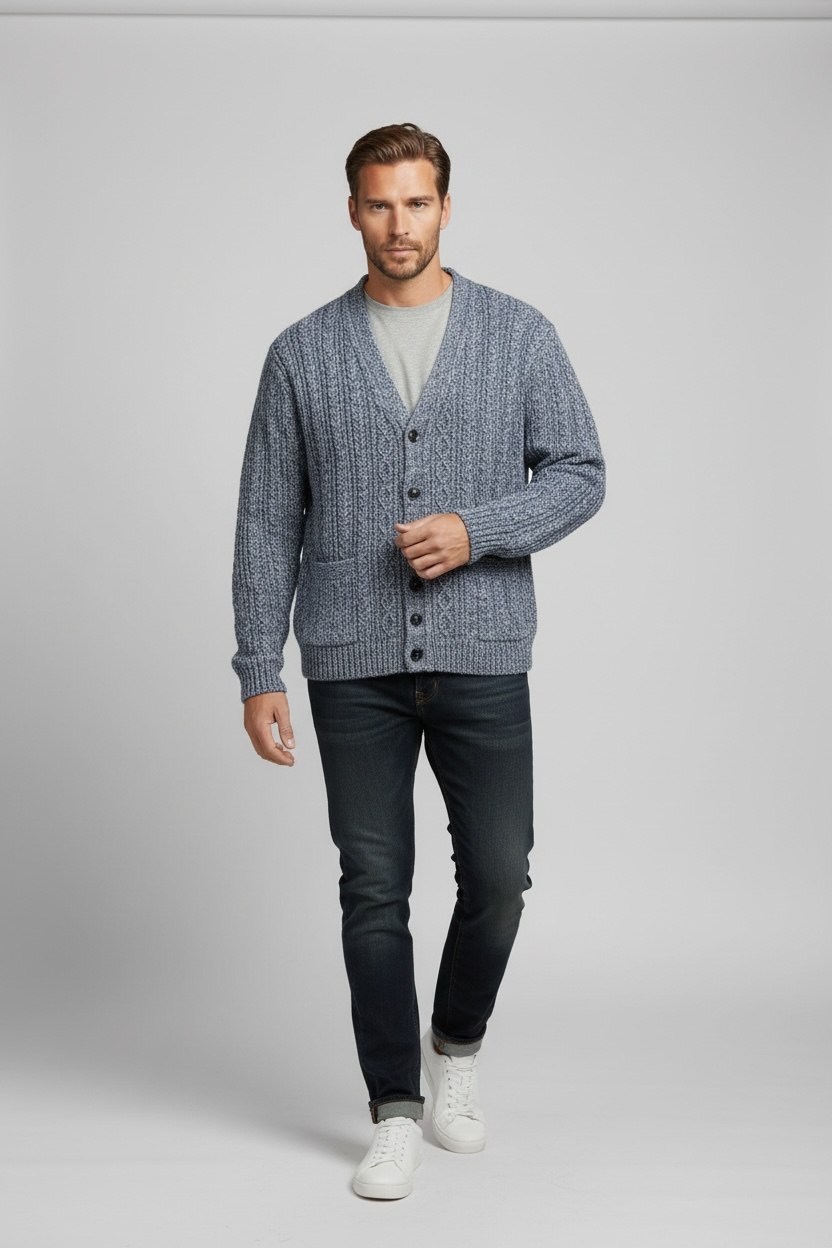Ansett Blue Marle V Neck 100% Merino Wool Cardigan
