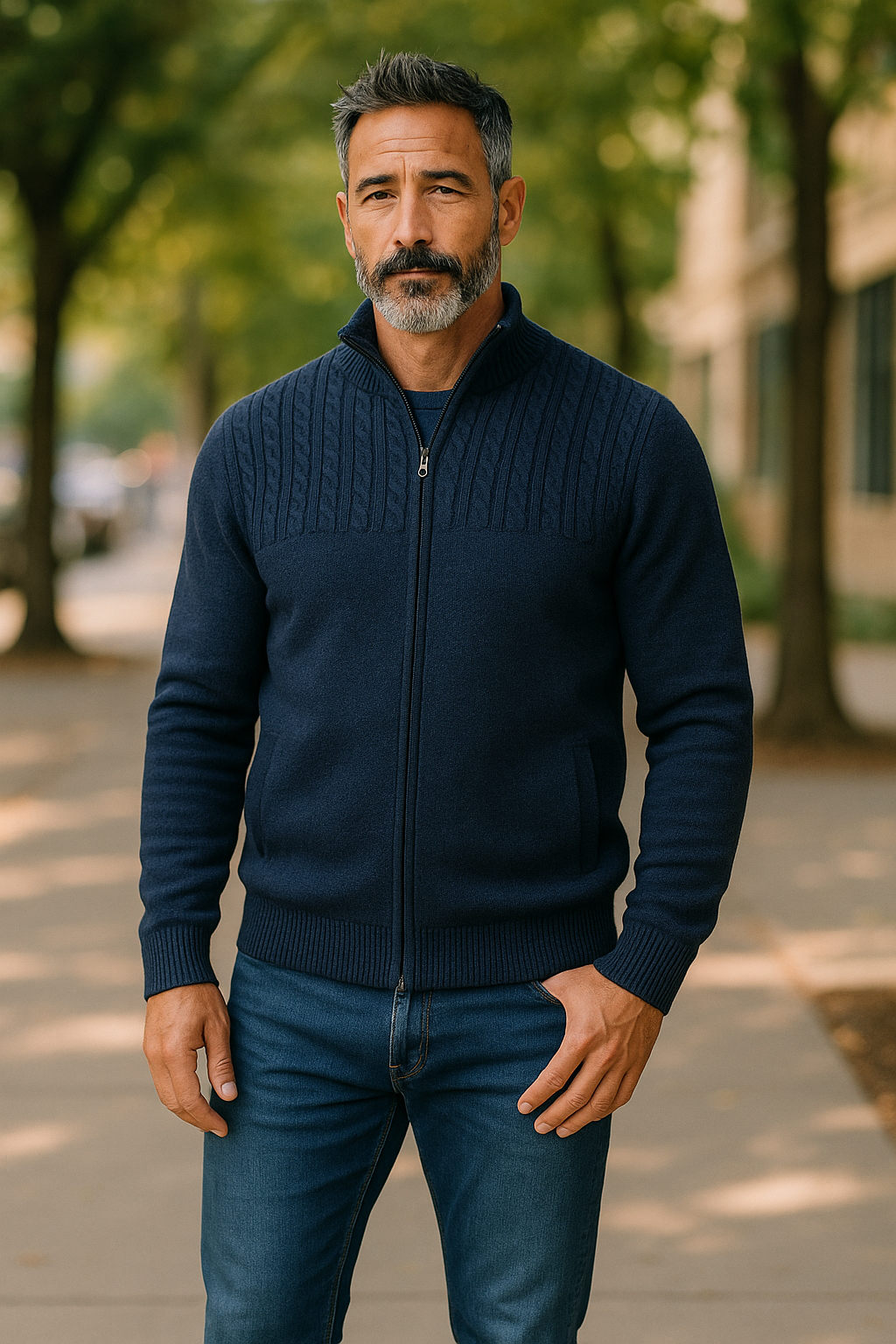 Ansett Denim Blue Full Zip Cashmere Merino Wool Jacket