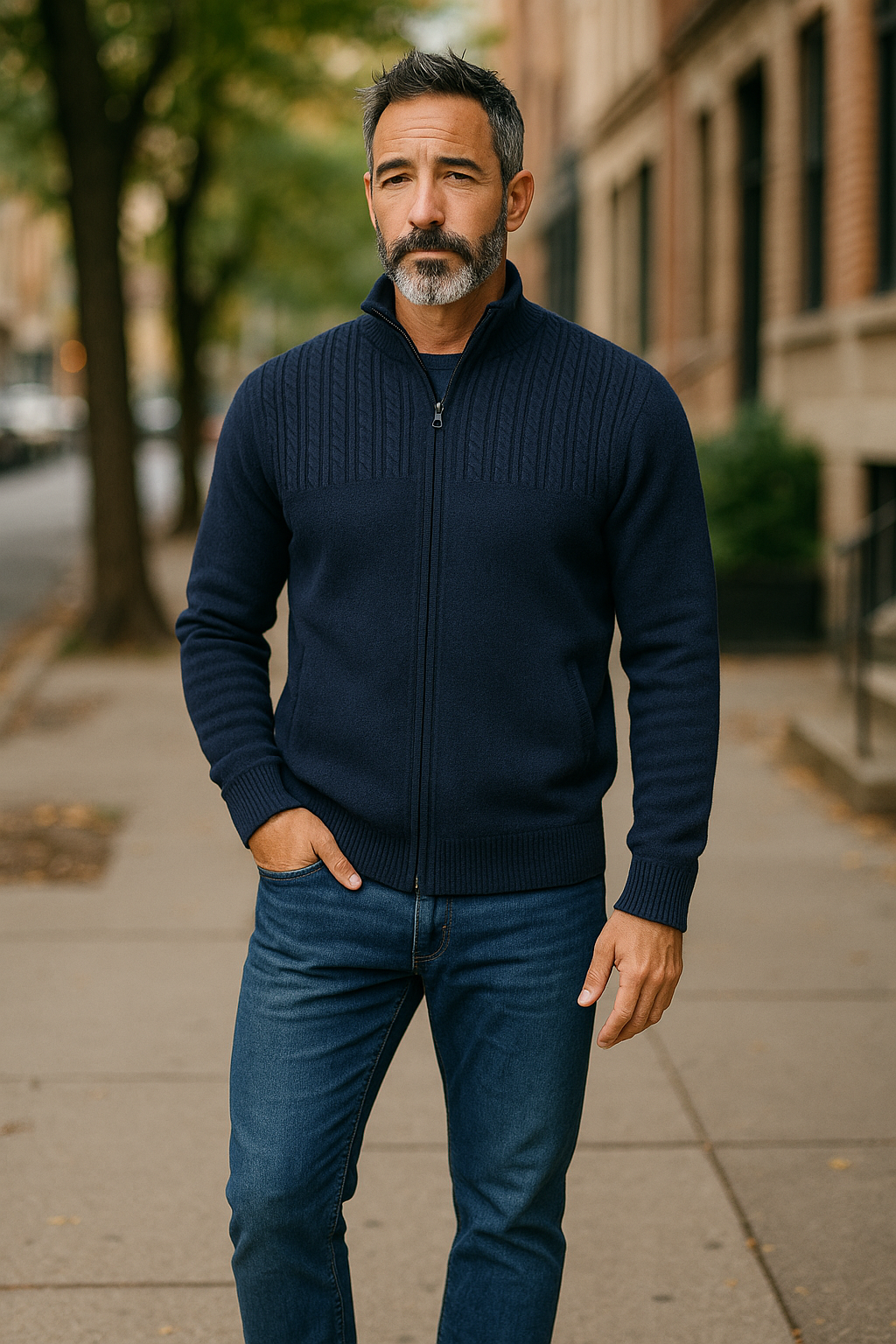 Ansett Denim Blue Full Zip Cashmere Merino Wool Jacket
