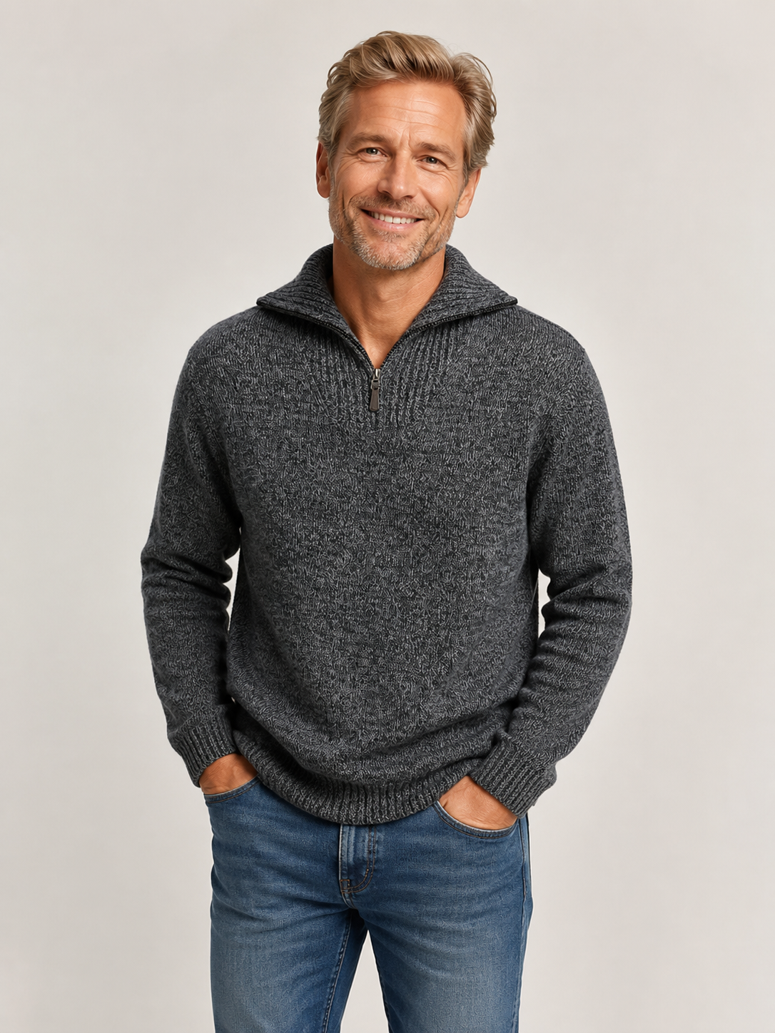 Mens Ansett Pure Wool Quarter Zip Jumper - Grey