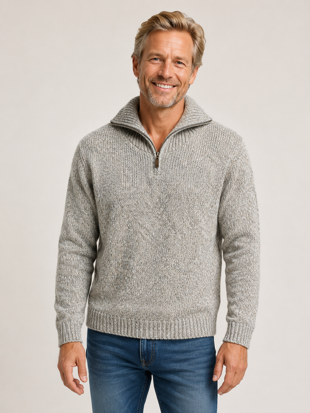 Mens Ansett Pure Wool Quarter Zip Jumper - Oatmeal