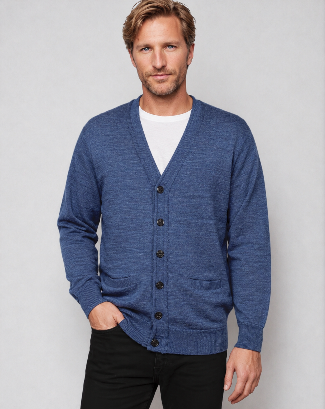 Men's Ansett Super Wash Wool Cardigan - Denim Blue