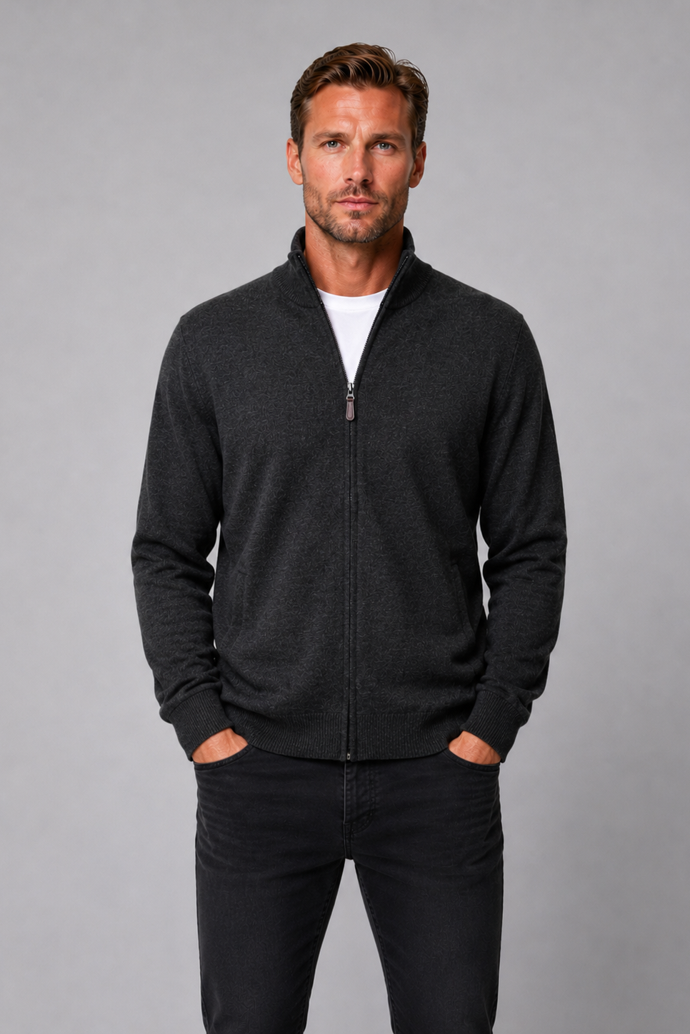 Ansett Men's Cashmere Merino Wool Full Zip Jacket - Charcoal Grey