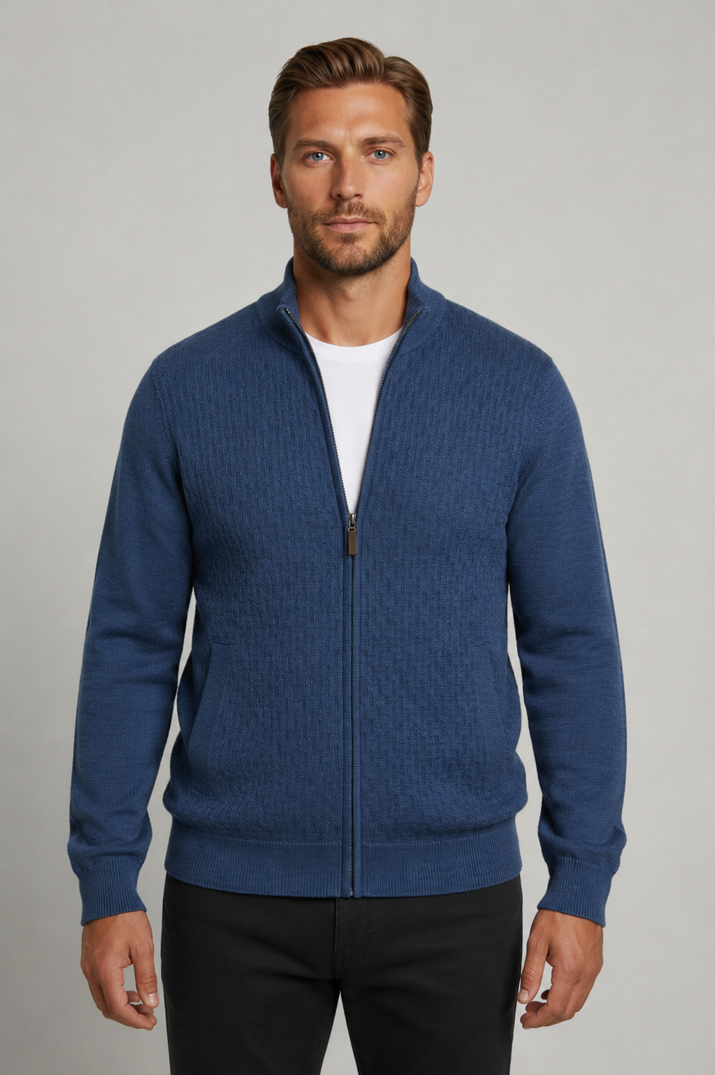 Fine Merino Wool Textured Zip Cardigan - Light Blue