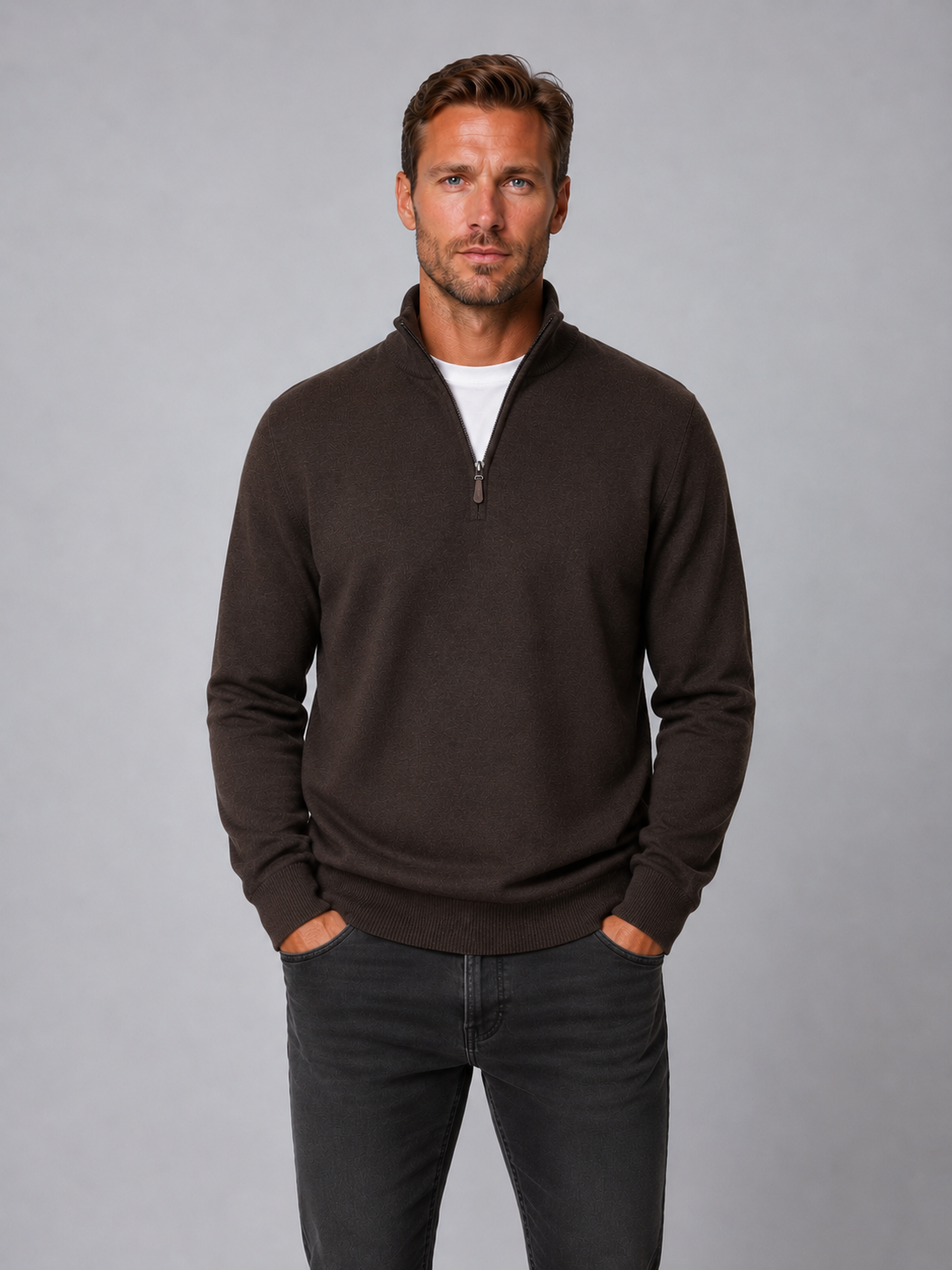 Men's 100% Merino Wool Quarter Zip Jumper - Coffee Brown