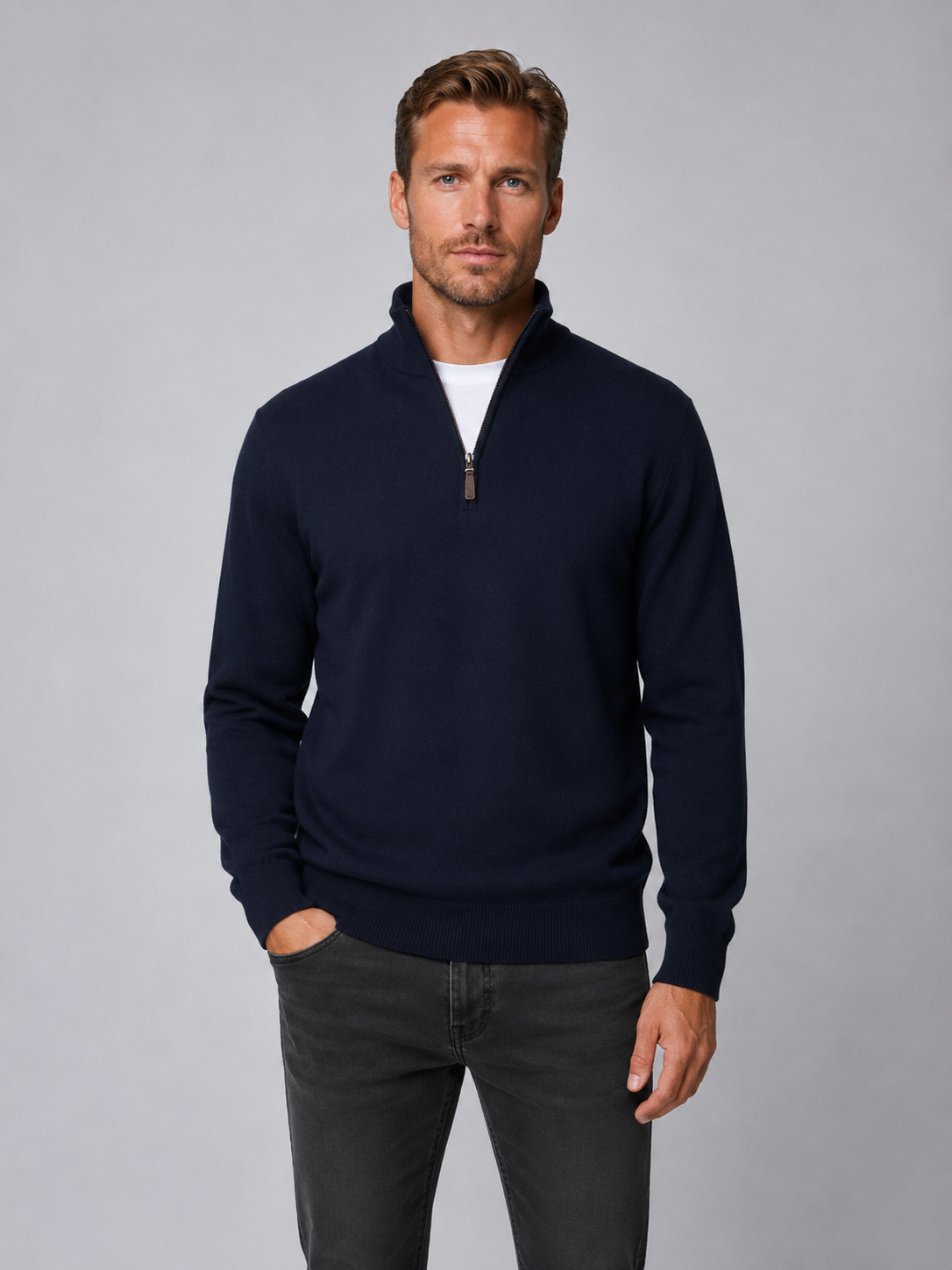 Men's 100% Merino Wool Quarter Zip Jumper - Navy Blue